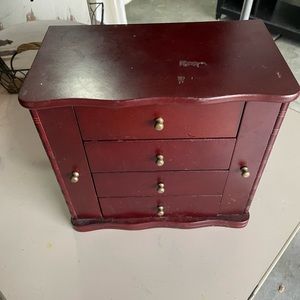 Vintage Wood Mirror Jewelry Box Dual Wing Sides and Three Drawers 9.5" x 10" x 5